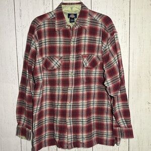 Dickies Authentic Red Black Cream Button Down Flannel 100% Cotton Size Large